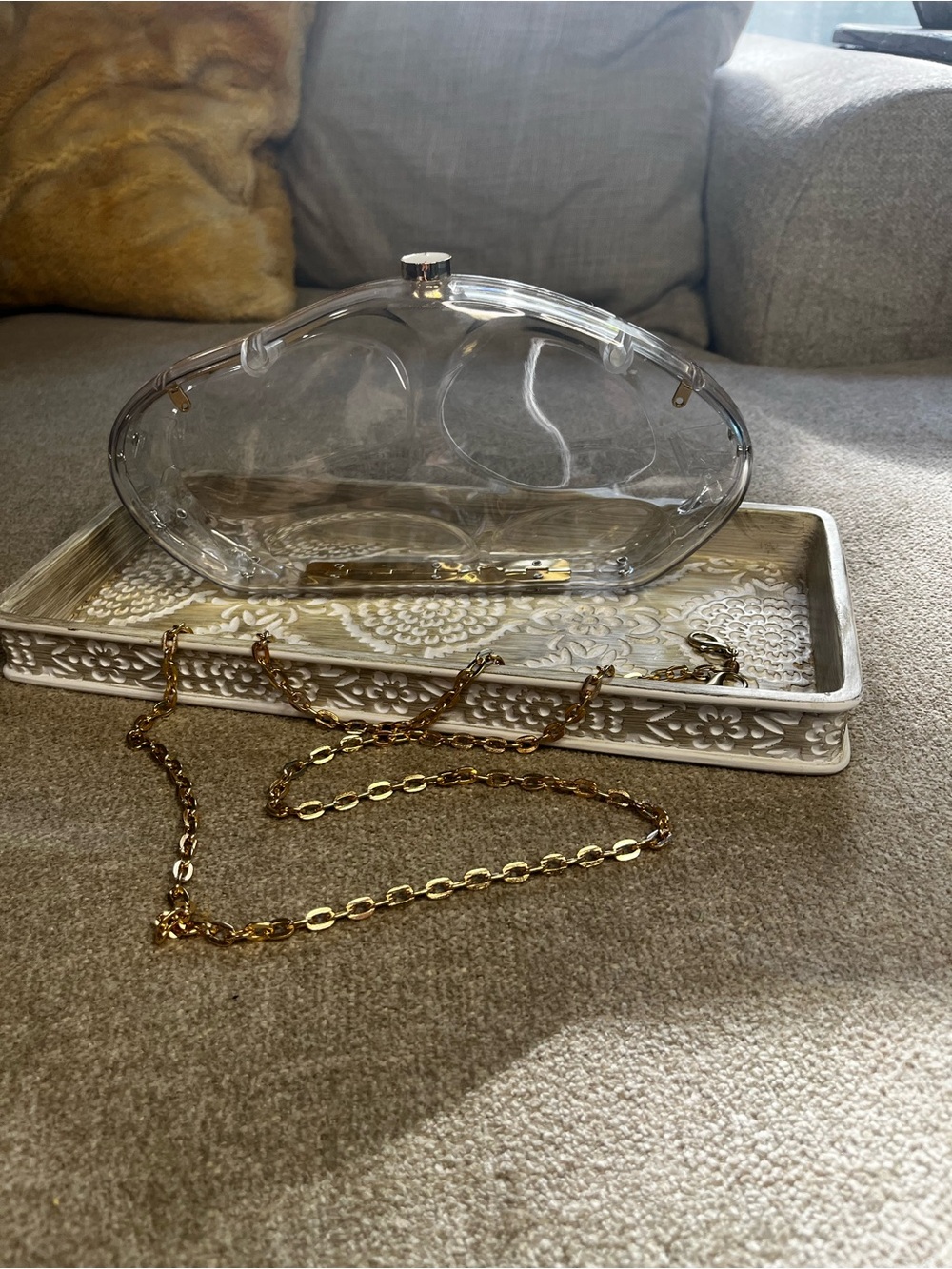 Clear Clamshell Clutch Bag with Gold Chain - Picture 8 of 13